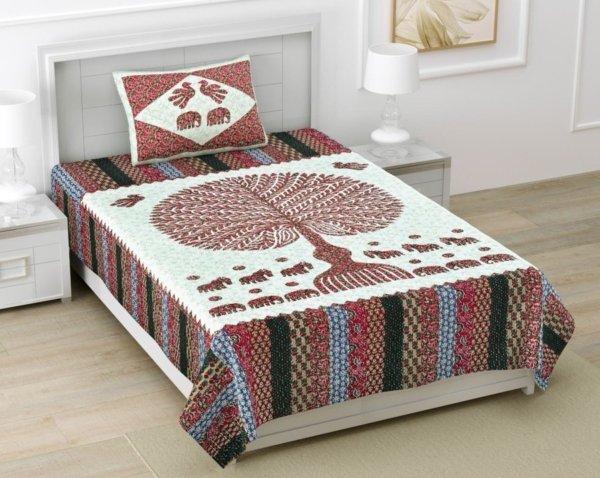 Barmeri Print Single Bedsheet with Pillow - Elephant & Tree Design (240 TC) - Red, Multi