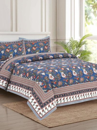 King-size bedsheet featuring a colorful floral print in various shades of blue and other colors.