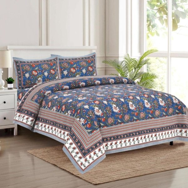 King-size bedsheet featuring a colorful floral print in various shades of blue and other colors.