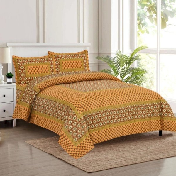 Serene - King Size Cotton Bedsheet Set (Yellow) - (100x108 inches)
