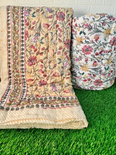 Traditional Jaipuri Razai | Double Bed Size | Floral Mustard & Red