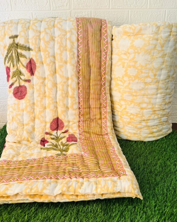 Original Mulmul Cotton Jaipuri Razai for Double Bed | Lily Print, Yellow