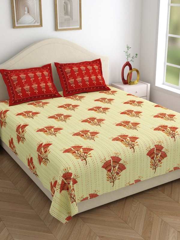 Kashida – Printed Cotton Bedsheet Yellow Base with Red Coordinate Pillow Covers