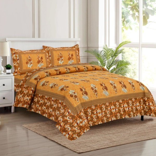Serene – Rose Pattern King Size Cotton Bedsheet Set (Yellow) – (100×108 inches)