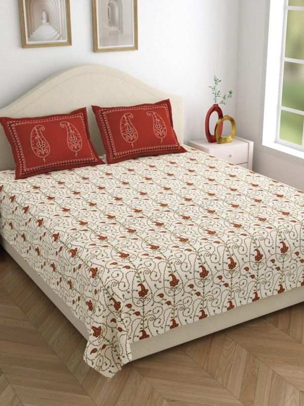 Kashida – Printed Cotton Bedsheet Cream Base with Red Coordinate Pillow Covers