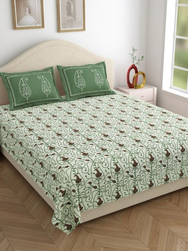 Kashida – Printed Cotton Bedsheet Cream Base with Green Coordinate Pillow Covers