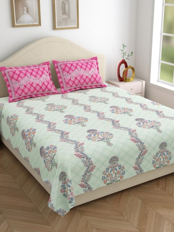 Kashida – Printed Cotton Bedsheet Green Base with Pink Coordinate Pillow Covers