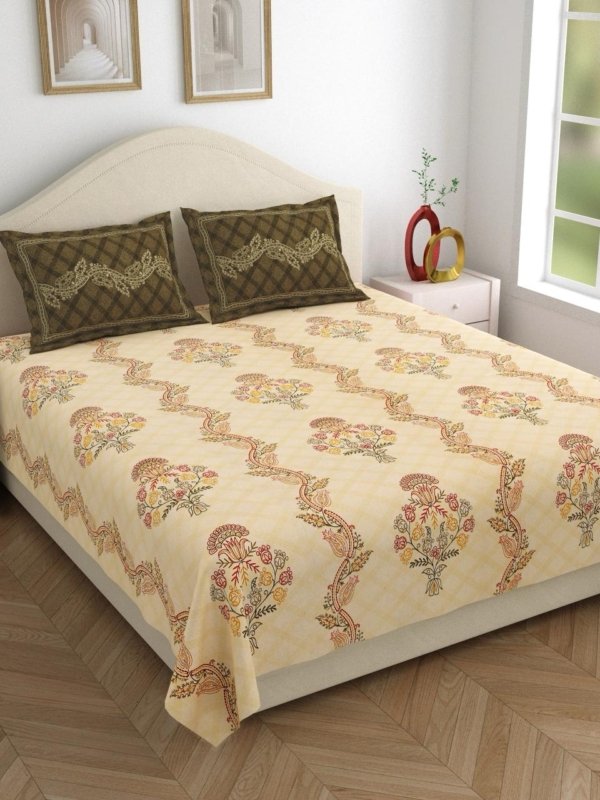 Kashida – Printed Cotton Bedsheet Cream Base with Brown Coordinate Pillow Covers