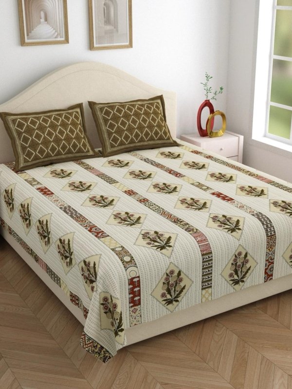 Kashida – Printed Cotton Bedsheet with Mustard Coordinate Pillow Covers