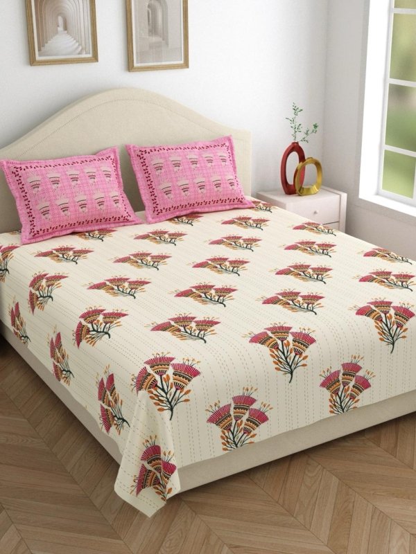 Kashida – Printed Cotton Bedsheet with Cream Base, Pink Coordinate Pillow Covers