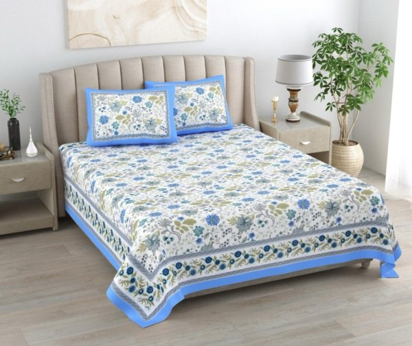 Kaya – Pure Cotton Bedsheet Set with Pillow Covers (Floral Blue)