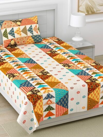 Barmeri Patchwork Pure Cotton Single Bedsheet With Pillow Cover - Cream Base