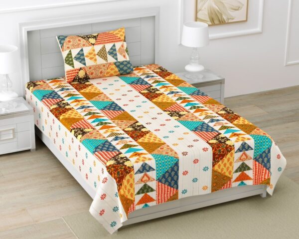 Barmeri Patchwork Pure Cotton Single Bedsheet With Pillow Cover - Cream Base