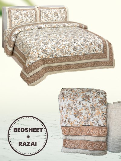 traditional orange bedsheet with same print quilt(razai) bedding set