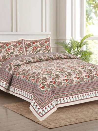 King-size cotton bedsheet in beige with a delicate floral pattern featuring leaves and small blossoms.