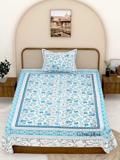 210 TC Pure Cotton Jaipuri Single Bedsheet with Pillow Cover (100% Cotton, blue)