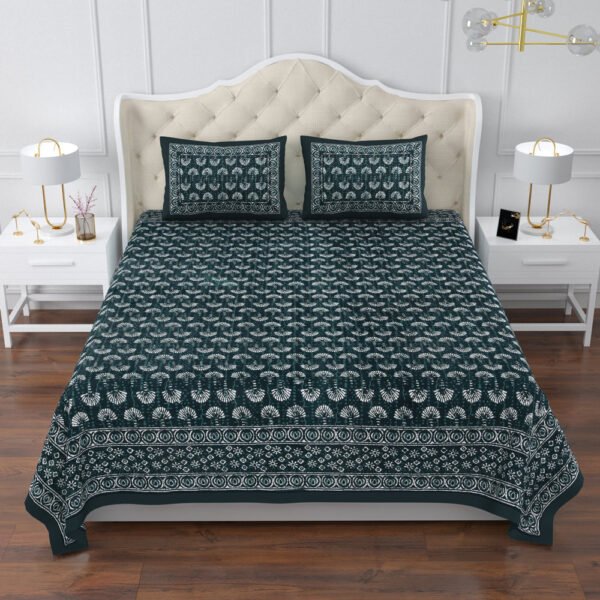 Dabu- Teal Paradise Cotton Bedsheet Set ( 95x108 IN)