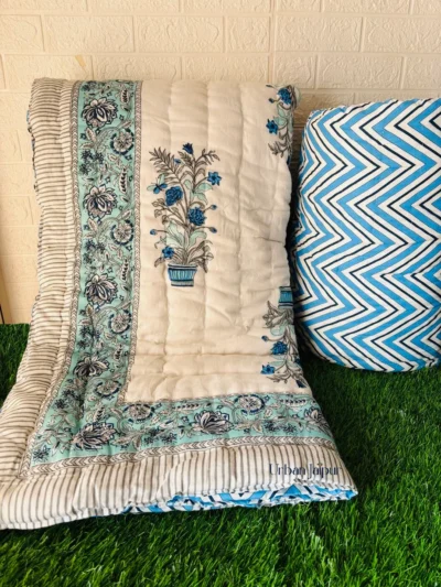 Jaipuri 100gm Mulmul Cotton Double Bed Razai- White, Blue