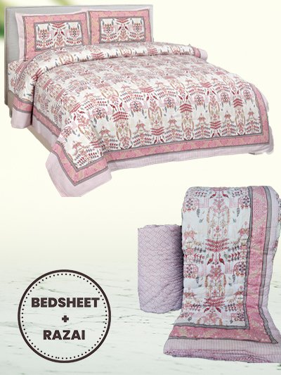 traditional pink bedsheet with same print quilt(razai) bedding set