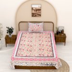Pure Cotton Jaipuri Single Bedsheet with Pillow Cover (100% Cotton, Pink, 240 TC )
