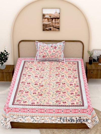 Pure Cotton Jaipuri Single Bedsheet with Pillow Cover (100% Cotton, Pink, 240 TC )