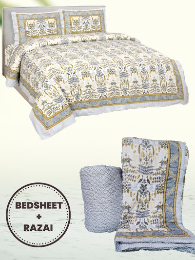 traditional yellow bedsheet with same print quilt(razai) bedding set
