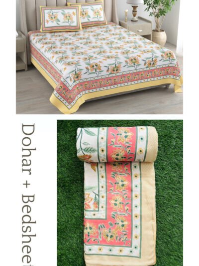 Floral Print Dohar Bedding Set | Bedsheet & Dohar Blanket Set - Orange