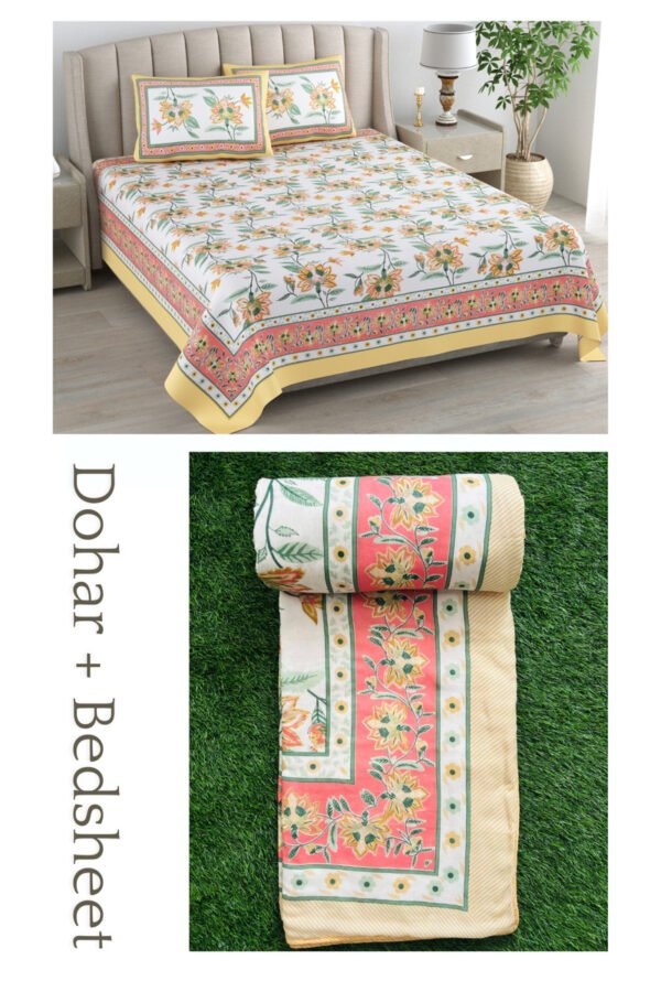 Floral Print Dohar Bedding Set | Bedsheet & Dohar Blanket Set - Orange