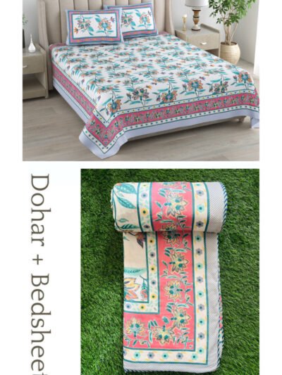 Floral Print Dohar Bedding Set | Bedsheet & Dohar Blanket Set - Blue