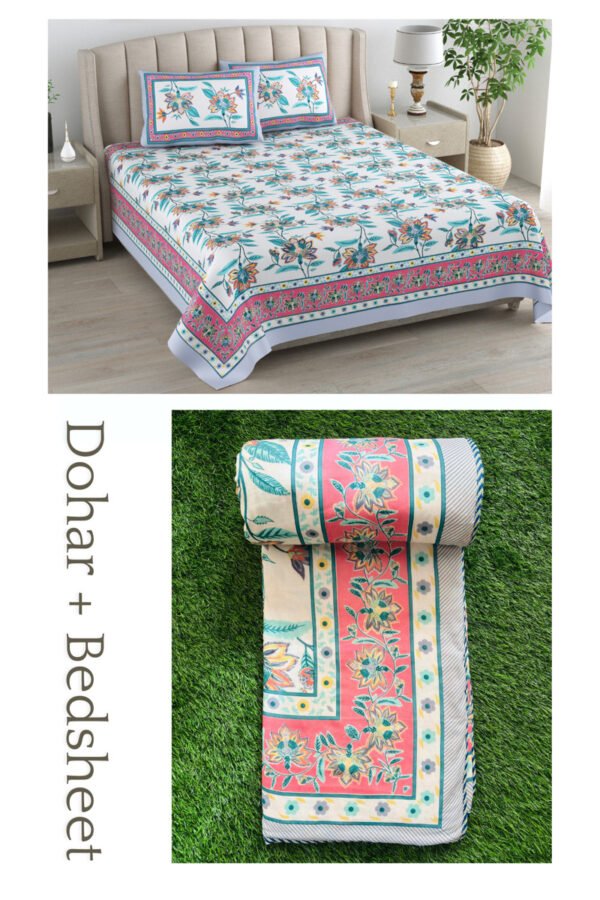 Floral Print Dohar Bedding Set | Bedsheet & Dohar Blanket Set - Blue