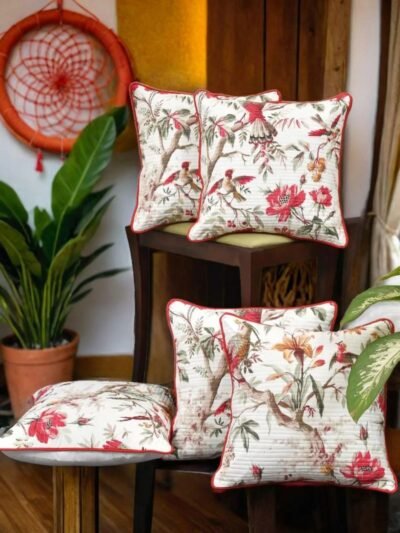 Quilted Cotton Cushion Covers Bird Print - 16x16 Inches, Set of 5, Red