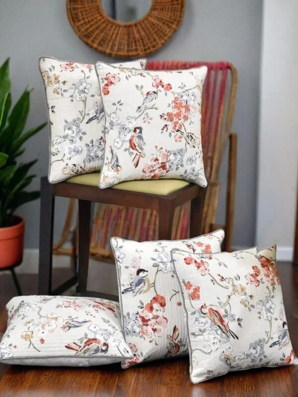 Quilted Cotton Cushion Covers Bird Print - 16x16 Inches, Set of 5, Orange