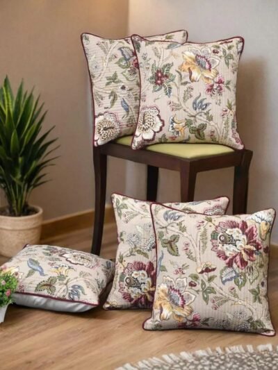 Quilted Cotton Cushion Covers Floral Print - 16x16 Inches, Set of 5, Beige, Multicolor