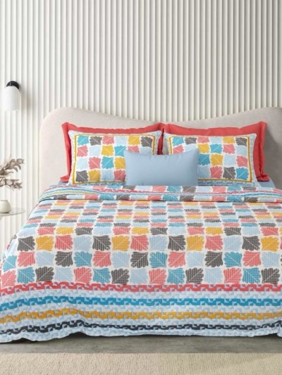 Ethnic - Geometric Leaf Pattern Pure Cotton Double Bed Bedsheet - Sky Blue, Multicolor