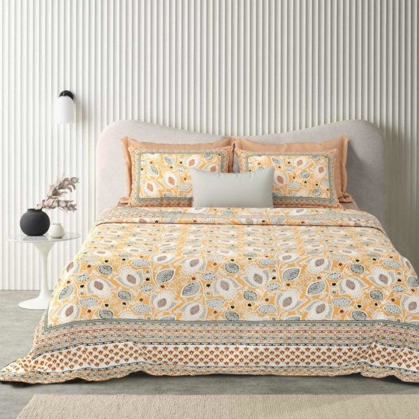Jaypore - Leaf Print Cotton Double Bed Bedsheet with Pillow Covers (Yellow)