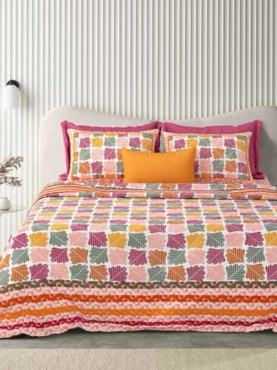 Ethnic - Geometric Leaf Pattern Pure Cotton Double Bed Bedsheet - Multicolor