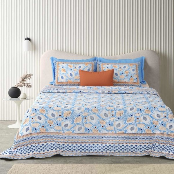 Leaf Print Cotton Double Bed Bedsheet with Pillow Covers, Sky Blue