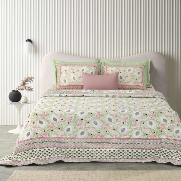 Ethnic - Leaf Print Cotton Double Bed Bedsheet with Pillow Covers (Green)