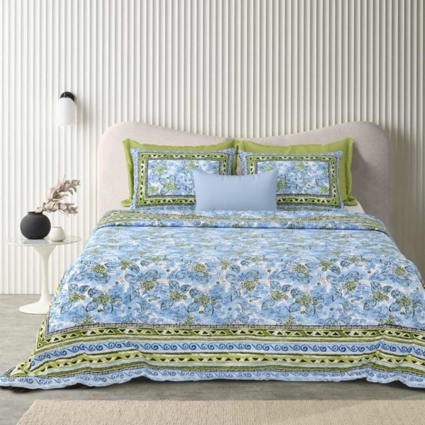 Ethnic - Floral Print Pure Cotton Bedsheet for Double Bed - Blue