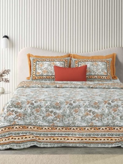 Ethnic - Floral Print Pure Cotton Bedsheet for Double Bed - Grey, Orange