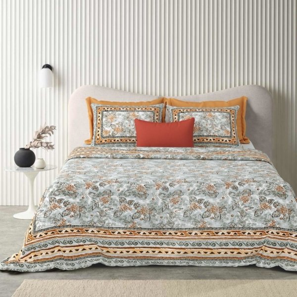 Ethnic - Floral Print Pure Cotton Bedsheet for Double Bed - Grey, Orange