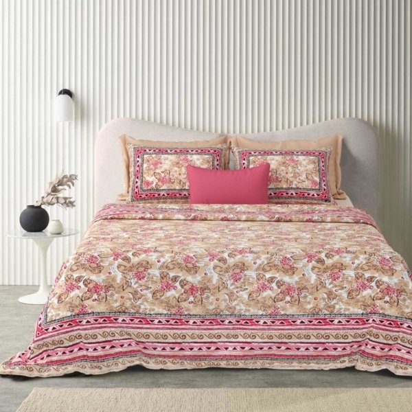 Jaypore - Floral Print Pure Cotton Bedsheet for Double Bed - Brown, Pink