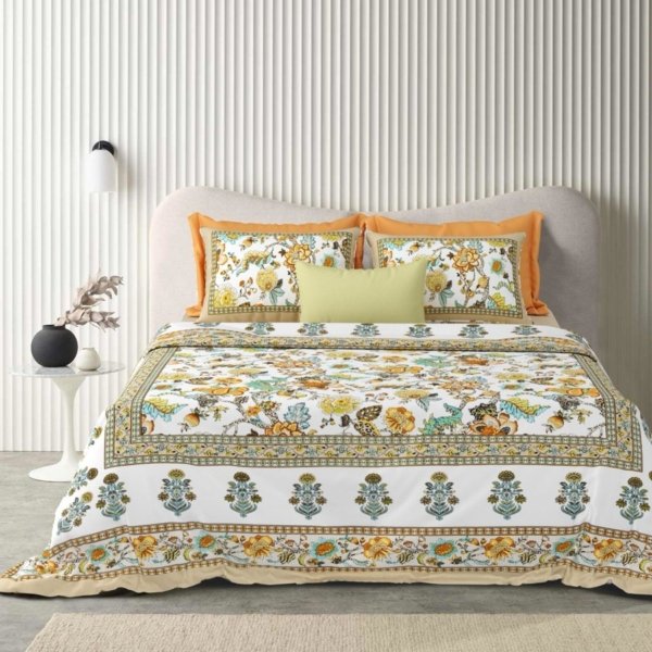 Ethnic - Floral & Peacock Tapestry Double Bed Bedsheet - Mustard, Multicolor