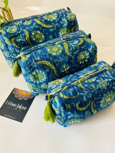 Block Printed Set of 3 Cute Toiletry Bags, Pouch- Floral Print, Dark Blue