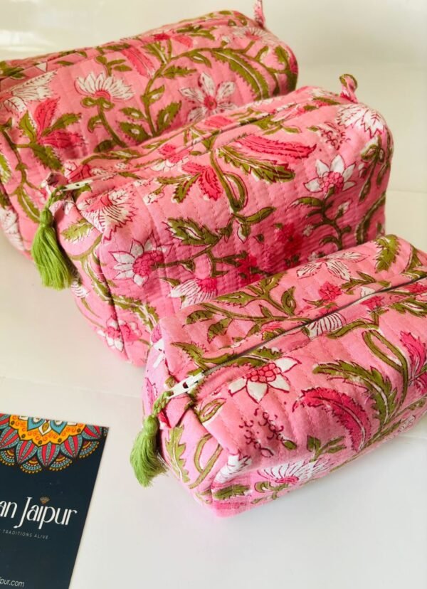 Block Printed Set of 3 Cute Toiletry Bags / Pouch- Floral Print, Pink
