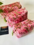 Block Printed Set of 3 Cute Toiletry Bags / Pouch- Floral Print, Pink