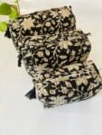 Block Printed Set of 3 Cute Toiletry Bags, Pouch- Floral Print, Black