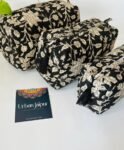 Block Printed Set of 3 Cute Toiletry Bags, Pouch- Floral Print, Black
