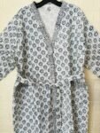 Block Printed Mughal Motif Waffle Cotton Bathrobe for Women - Super- Absorbent, Navy Blue