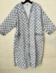 Block Printed Mughal Motif Waffle Cotton Bathrobe for Women - Super- Absorbent, Navy Blue